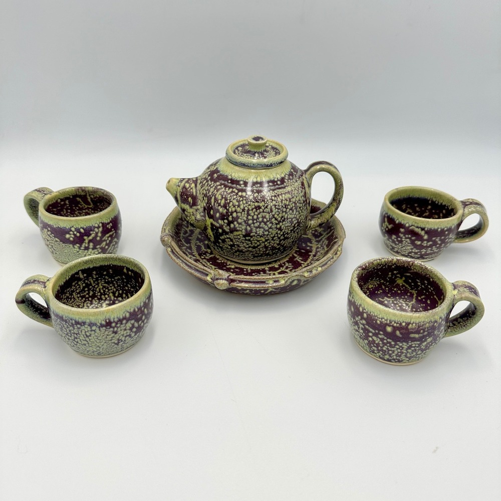 Artisan Studio Pottery Tea Set Purple Green Speckle Glaze Teapot 4 Cups Saucer